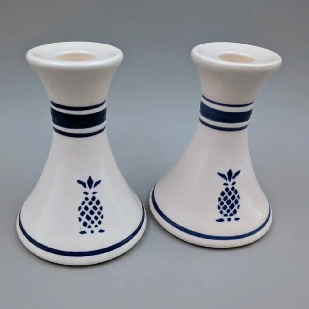 Pair of Vintage Pfaltzgraff Blue Pineapple Candlesticks in Hospitality Pattern